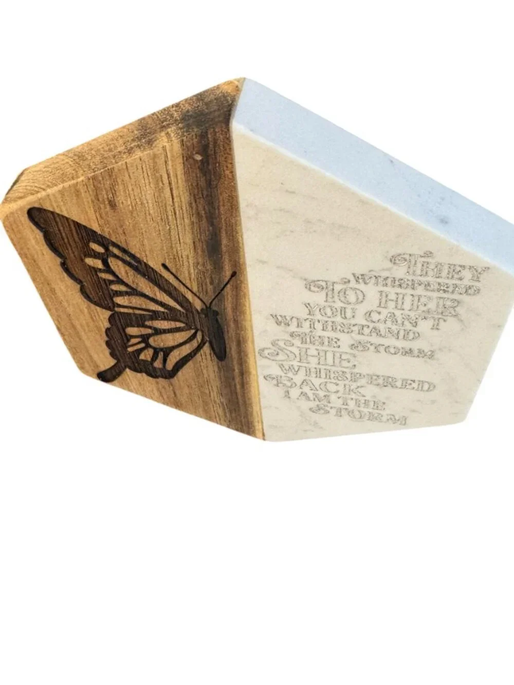 Inspirational Marble and Wood Hexagon Coaster with Butterfly Engraving